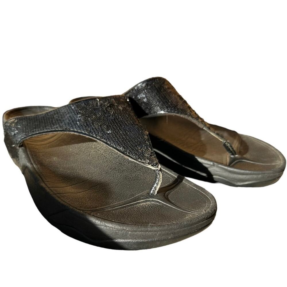 Fitflop Lulu Shimmer Toe Post Sandals Sequin Platform Leather Slip On Black 10